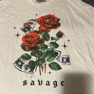 Salvage White Graphic T-Shirt with Red Rose Design